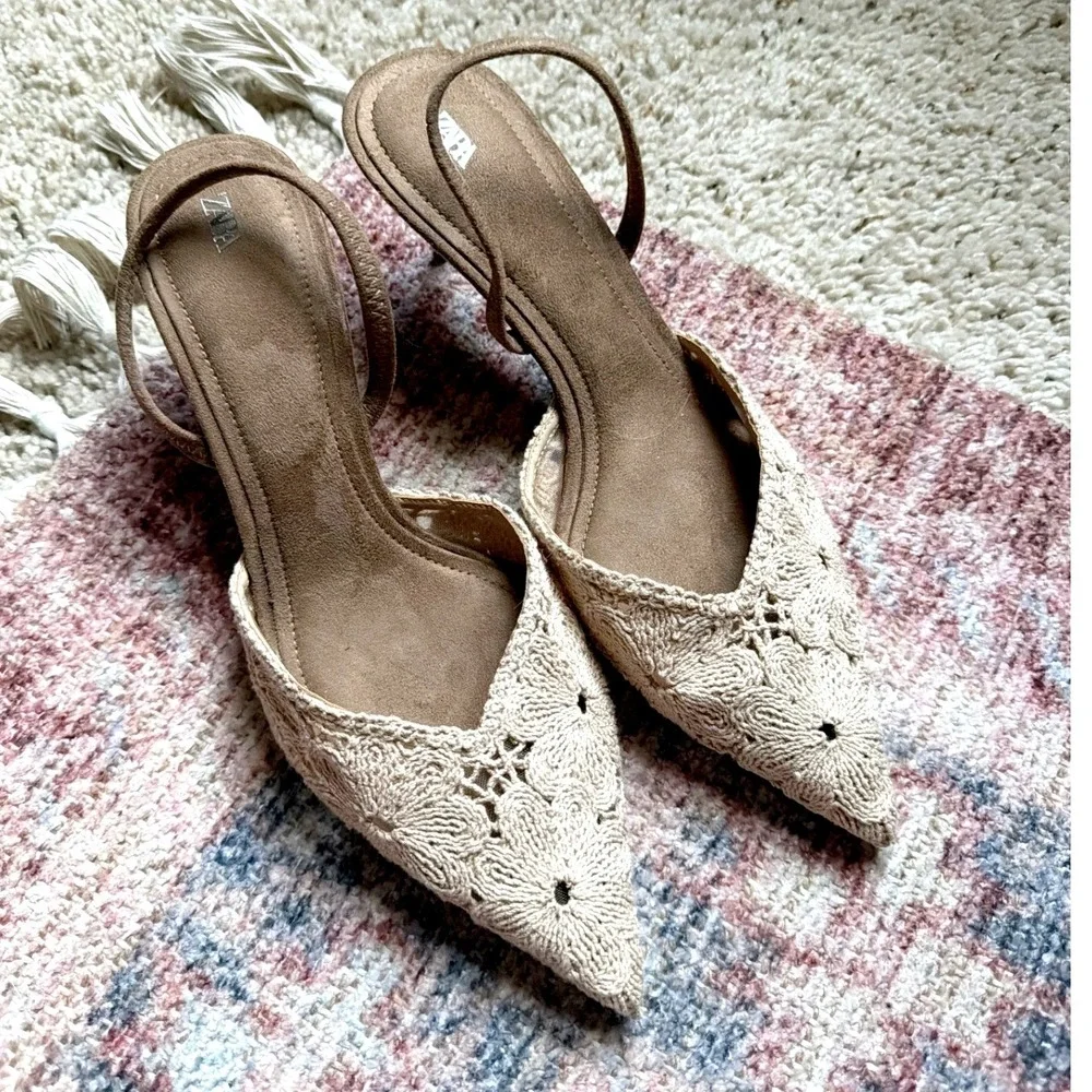 Zara Crochet Slingback Heels Womens 39 Cream Mesh Pointed Toe Boho Kitten Heel